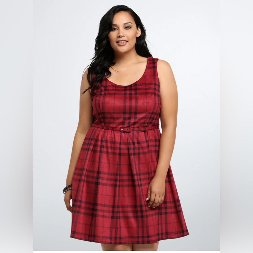 Torrid Brushed Plaid Faux Suede Rebel Red‎ Knee LengthSkater Dress